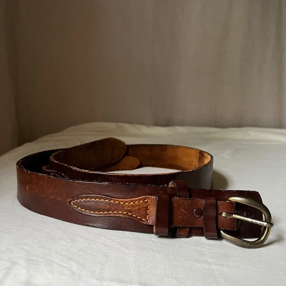 Vintage Brown Leather Ranger Belt Brass Buckle Western Distressed 1.75